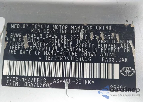 2010 Toyota Camry Le из США, поврежденный, VIN 4T1BF3EK0AU034836